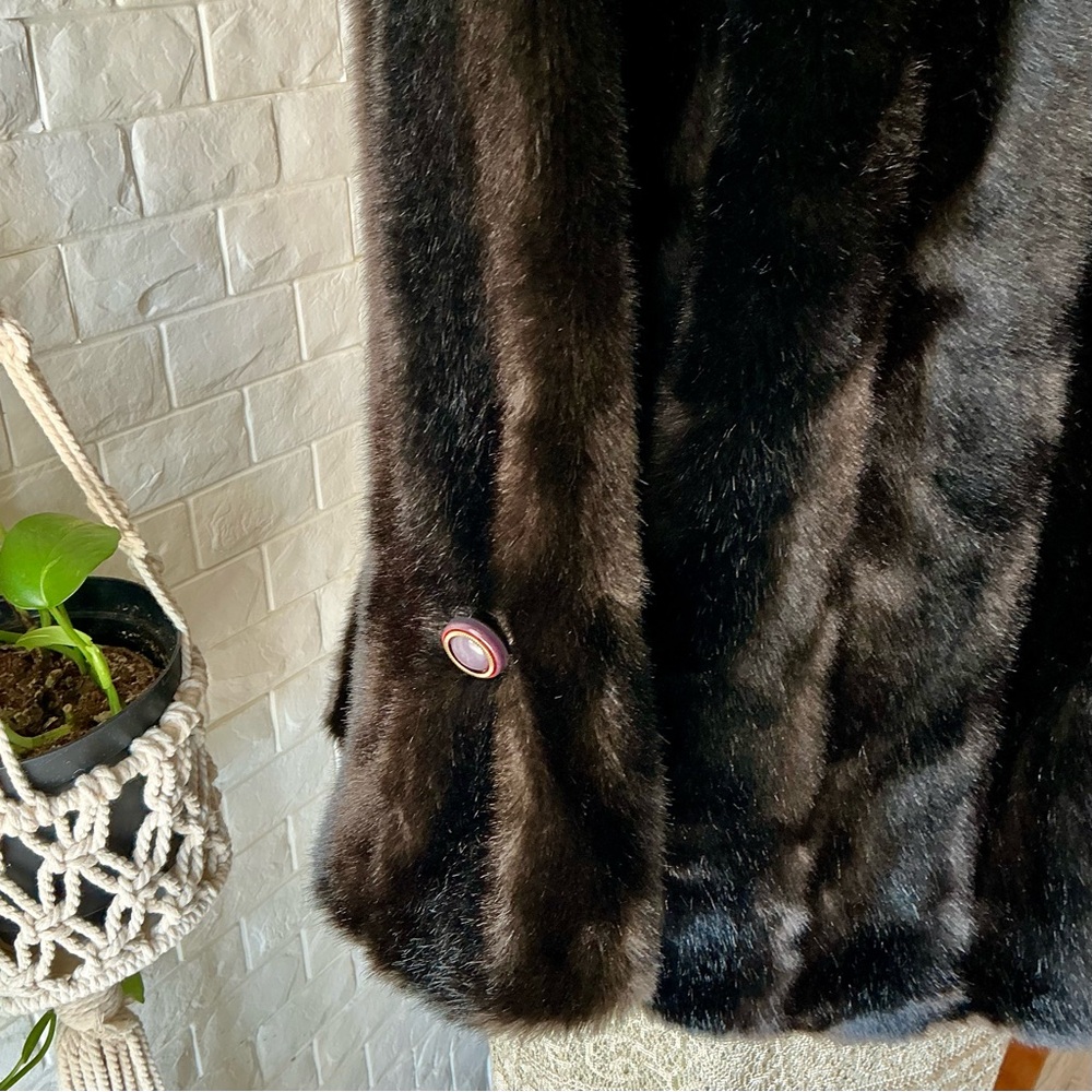 Vintage 50s 60s Chocolate Brown Faux Fur Coat Ornate Buttons + Leather Waist Tie - Picture 10 of 13